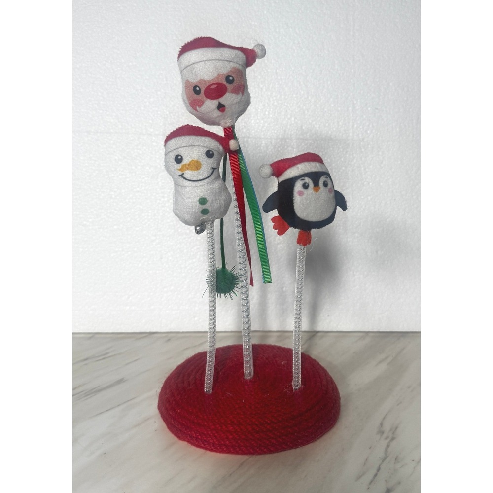 Christmas Plush Bobble Tabletop Decor Santa Snowman Penguin Red Rope Base 11.5"